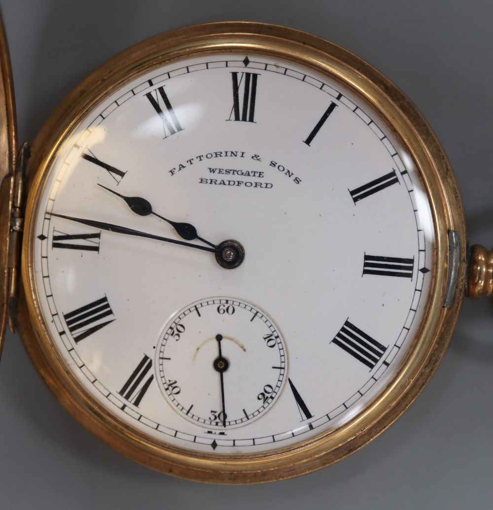 A George V 9ct gold half hunter keyless pocket watch, retailed by Fattorini & Sons, gross 97.7 grams,